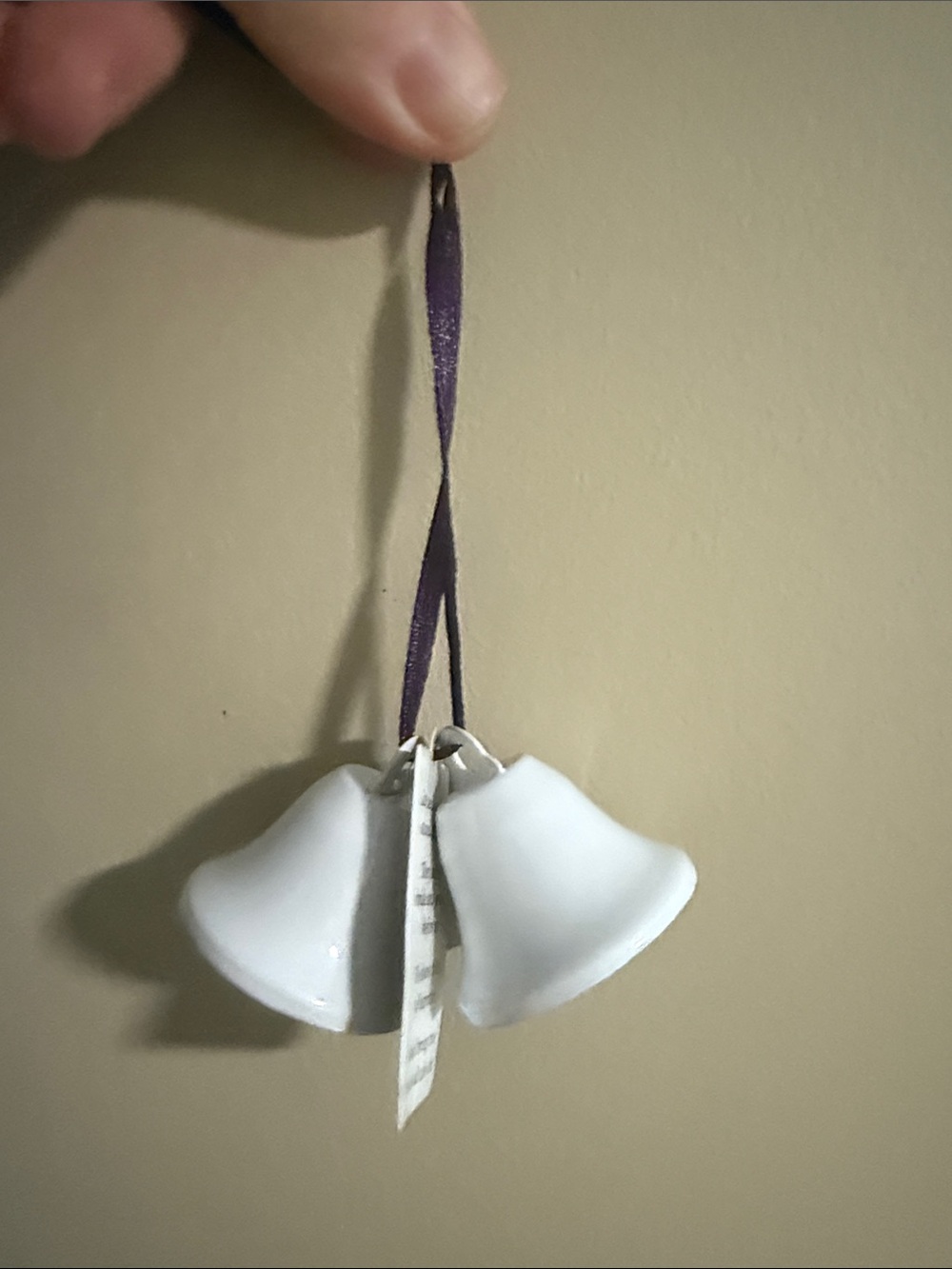 White Ceramic Bell Ornament with Purple Hanging Ribbon - Wedding